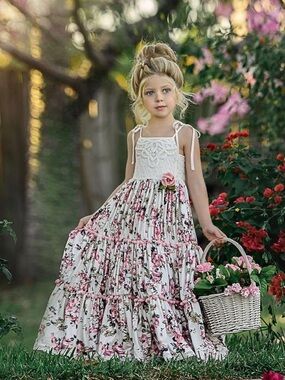 Dollcake White Maxi Dress with Pink Floral Print and Rose Accent